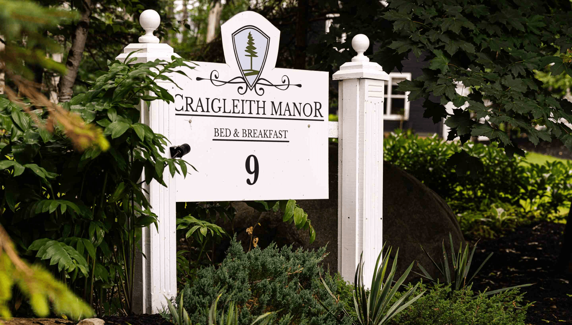 Sign for Craigleith Manor Bed & Breakfast surrounded by greenery.