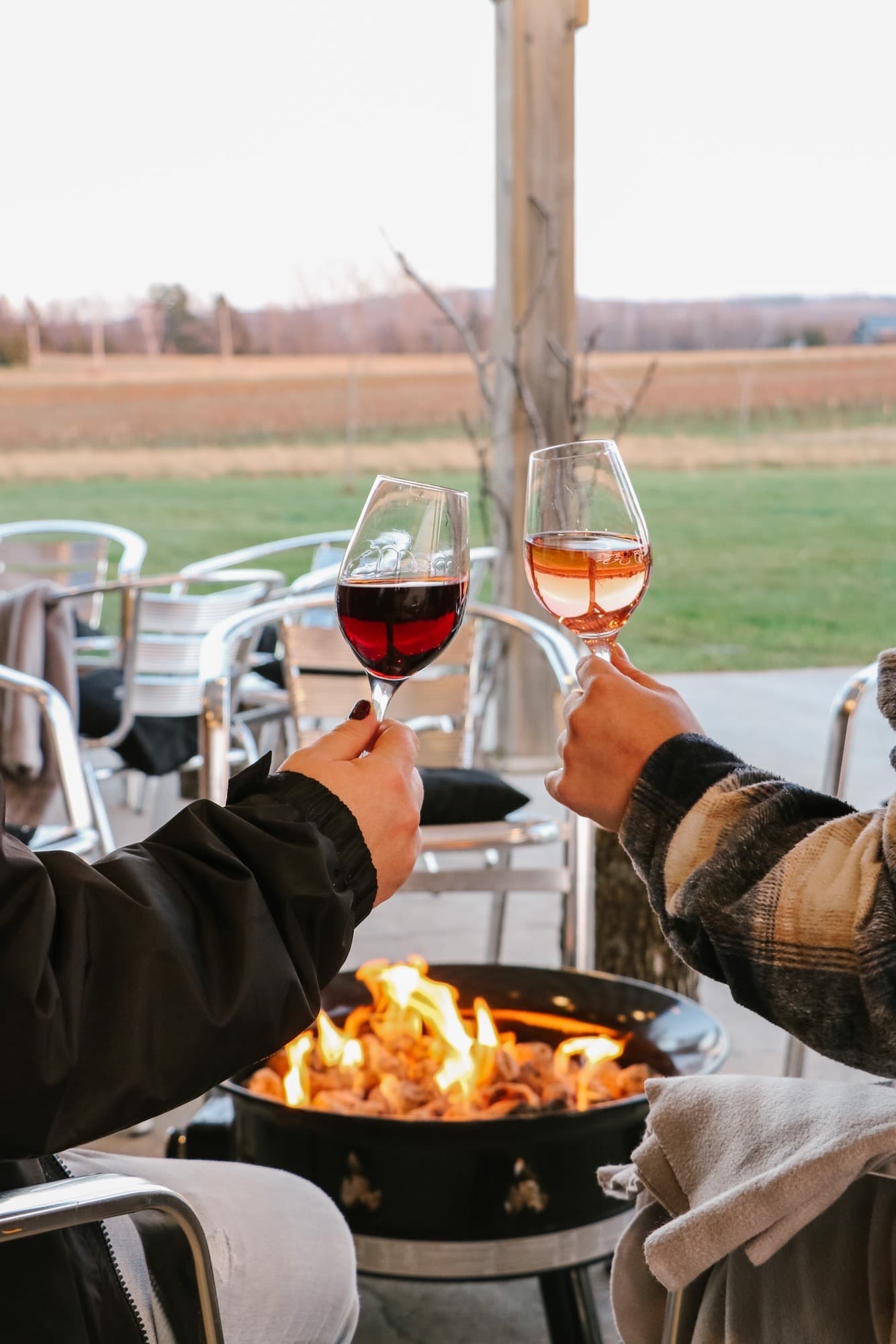 Two hands clink wine glasses by a firepit, with a scenic outdoor backdrop.