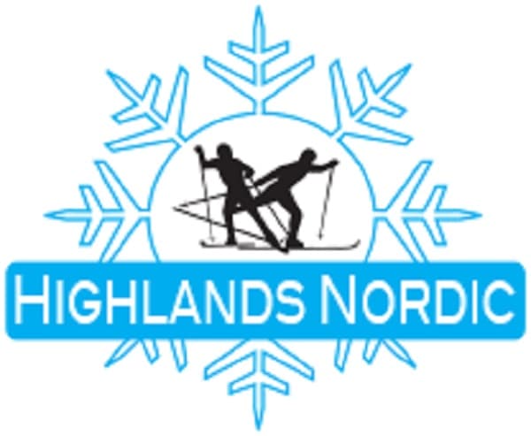 Logo of Highlands Nordic featuring two skiers and a snowflake design.