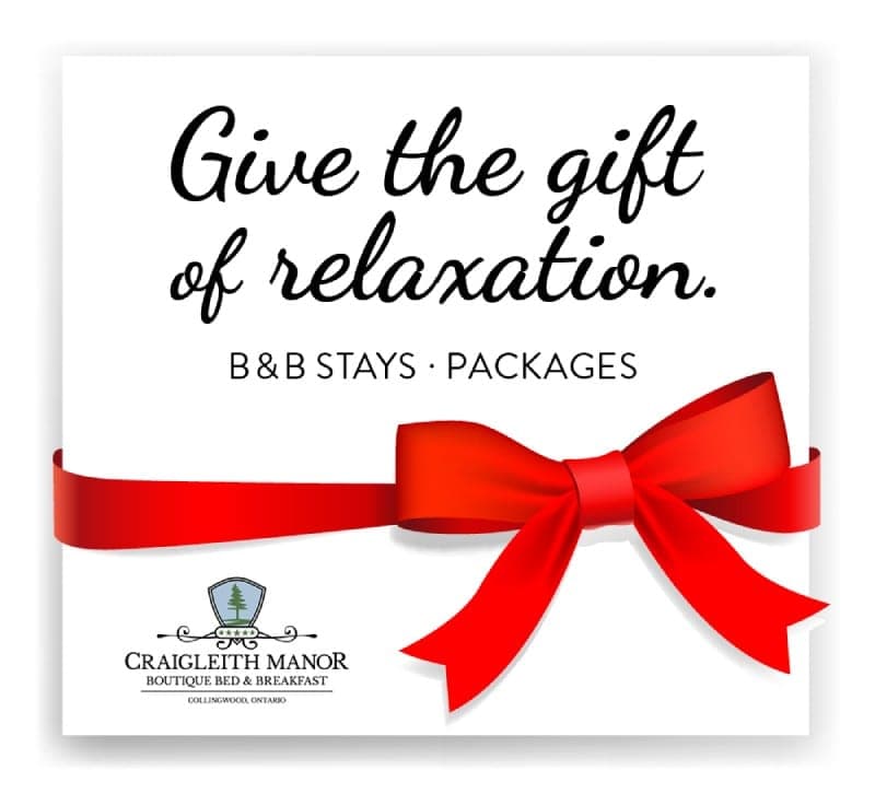 Text inviting to gift relaxation through B&B stays at Craigleith Manor, adorned with a red ribbon.