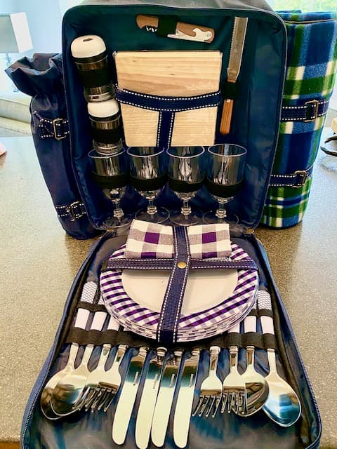 A picnic backpack equipped with dishes, glassware, cutlery, and a cutting board.