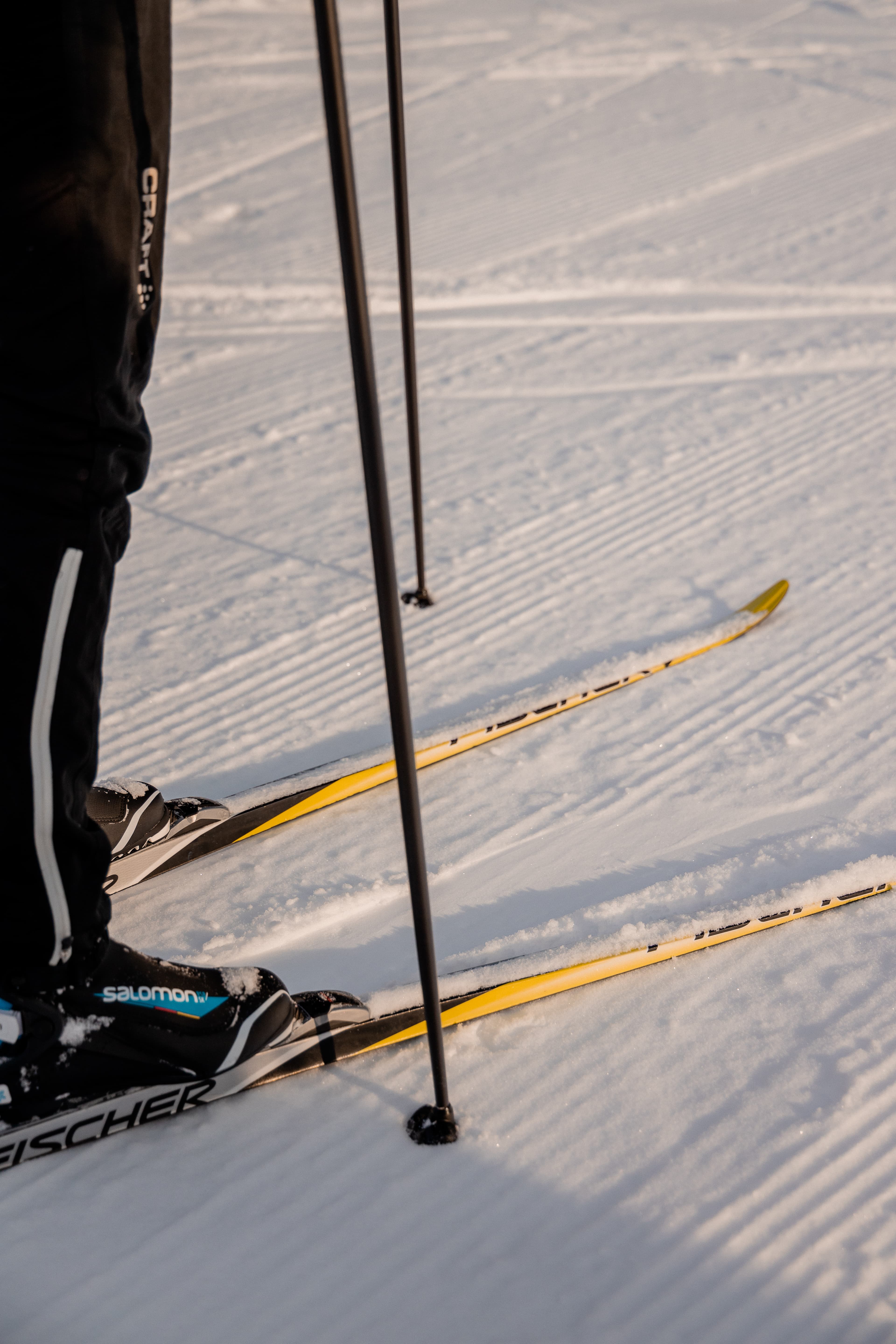 Close-up of cross-country skis and poles resting on snowy terrain.