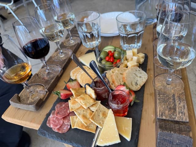A charcuterie board with cheese, crackers, fruit, and accompaniments, accompanied by various glasses of wine.