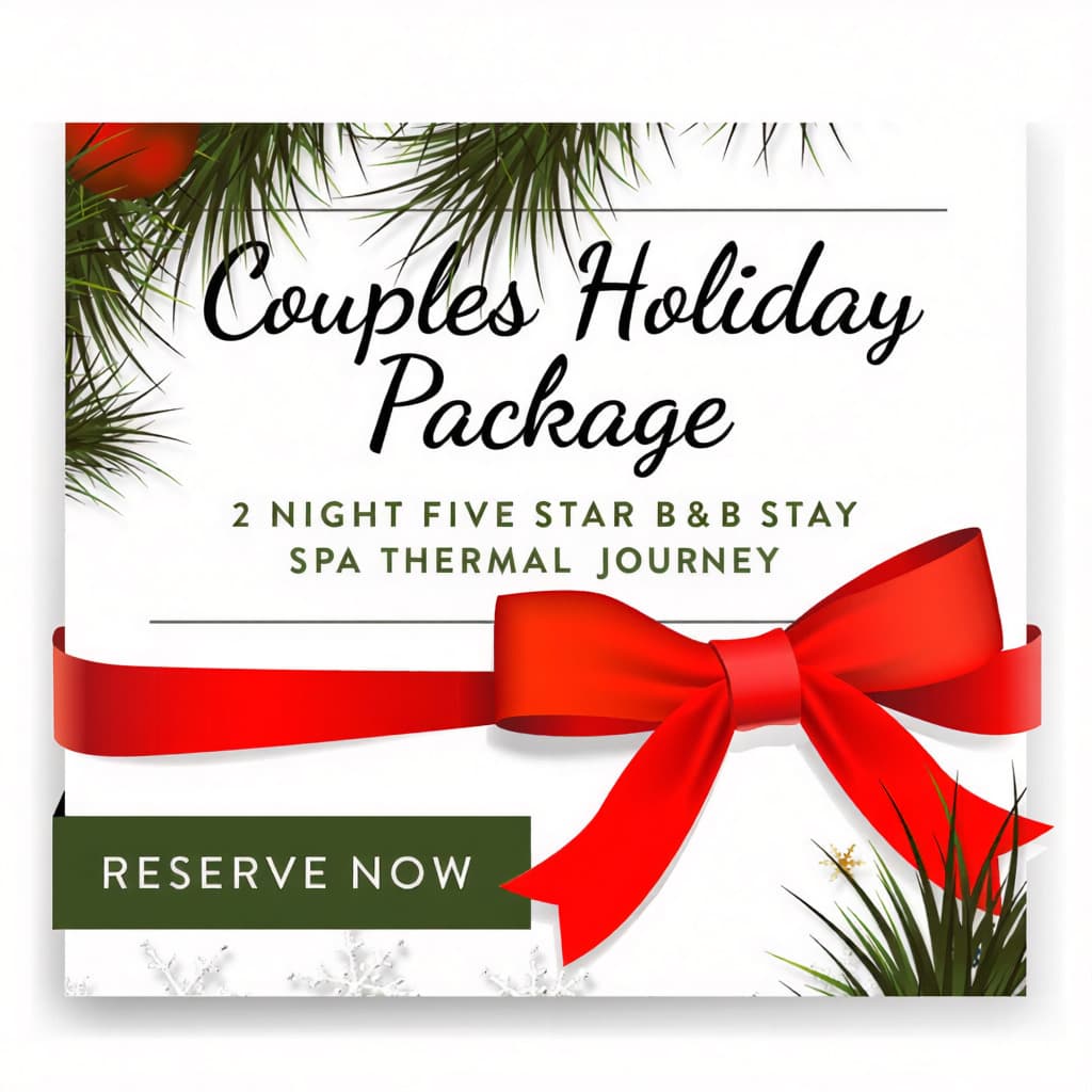 Promotional graphic for a Couples Holiday Package featuring a two-night five-star B&B stay and spa thermal journey, adorned with festive elements and a red bow.